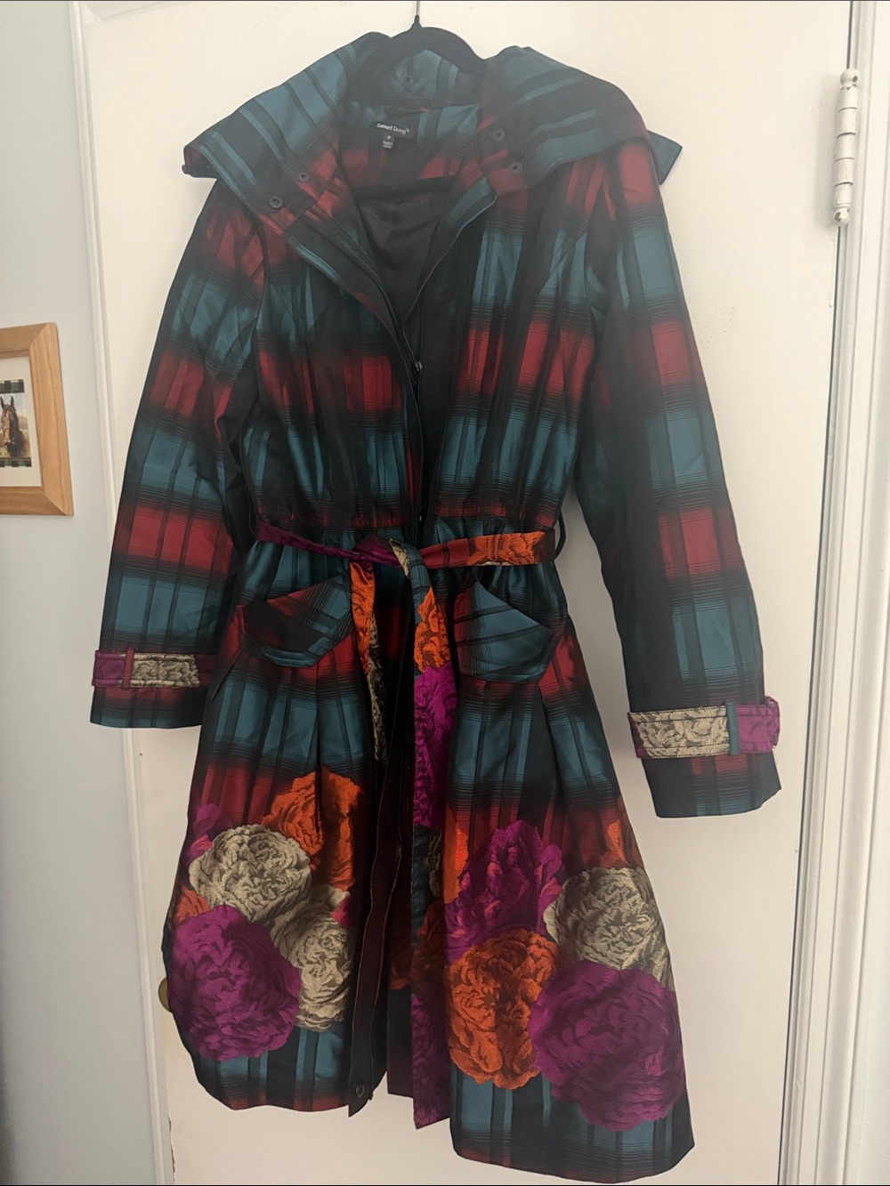Samuel Dong Colorful Plaid Floral Trench Coat - Teal, Red & Purple